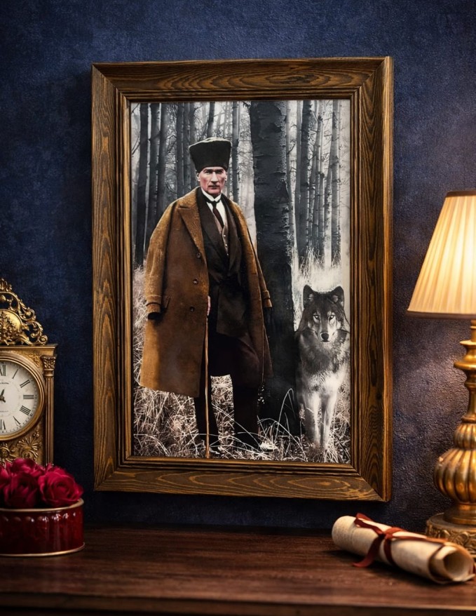 Atatürk Temalı Seramik Üzerine Ahşap Çerçeveli Dekoratif Tablo